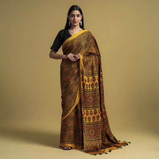 Yellow - Ajrakh Block Printed Modal Silk Saree with Tassels