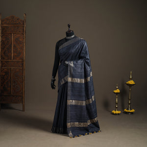 Blue - Ghicha Tussar Silk Bhagalpuri Pure Handwoven Saree with Zari Border 03