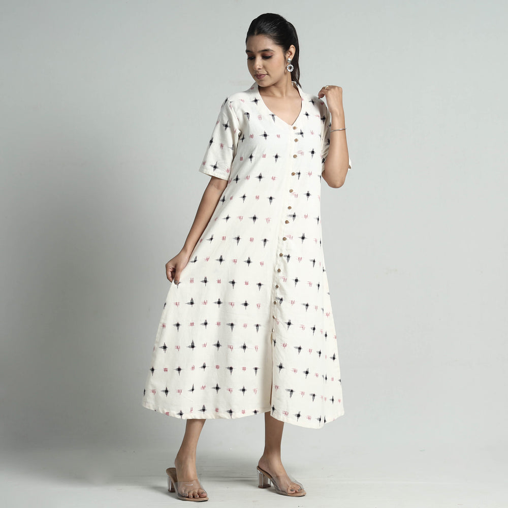 White - Pochampally Double Ikat Weave Cotton Dress
