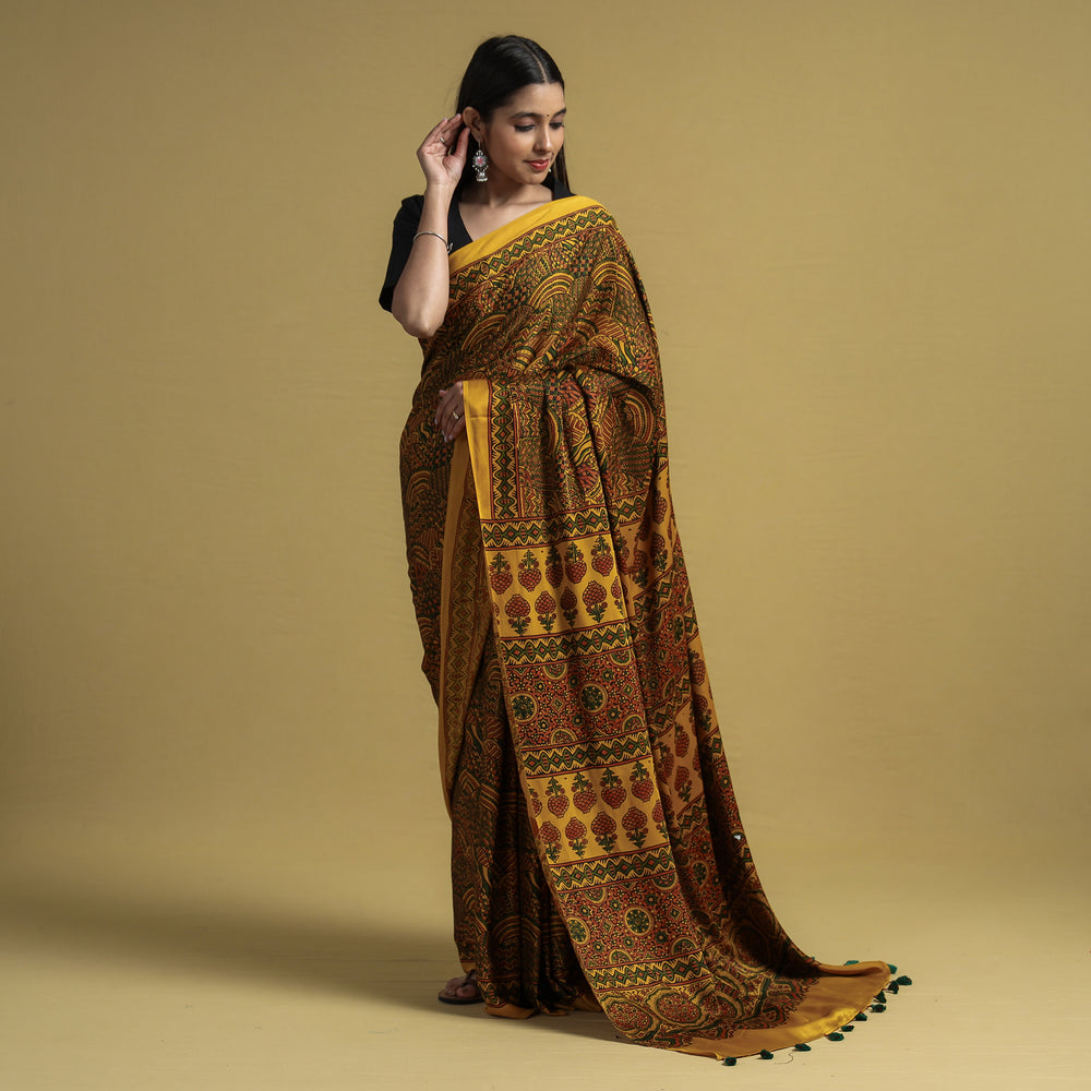 ajrakh block printed saree