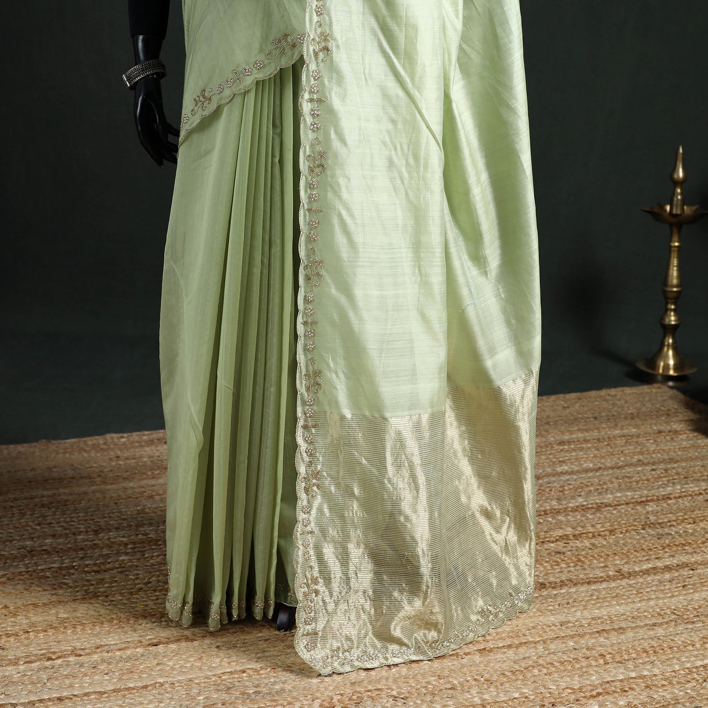 Pure Handloom Zari Pallu Bead Work Chanderi Silk Saree 18