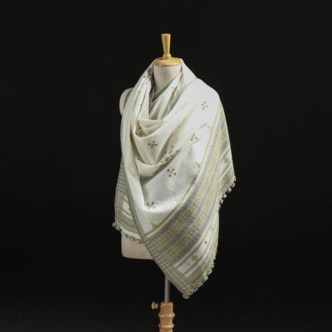 White - Kutch Handwoven Mirror Work Chomuk Buta Acrylic Wool Shawl 16