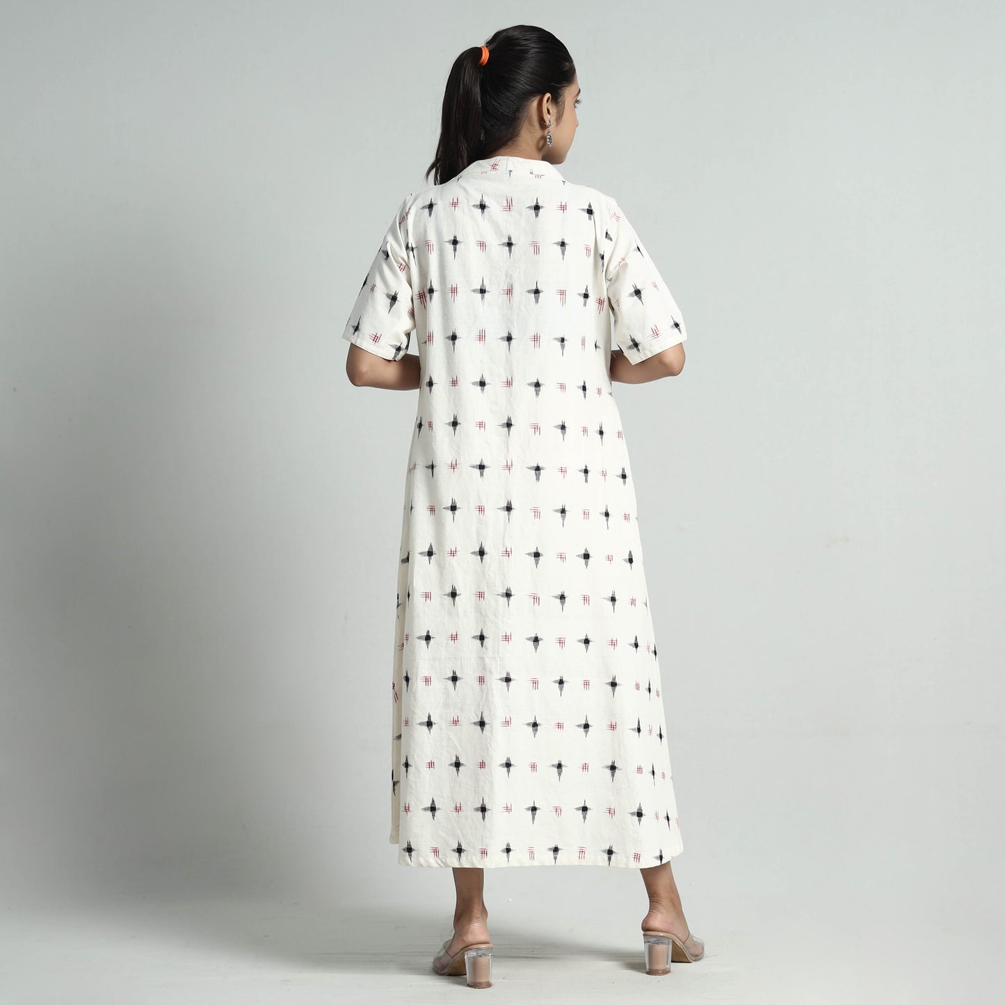 White - Pochampally Double Ikat Weave Cotton Dress
