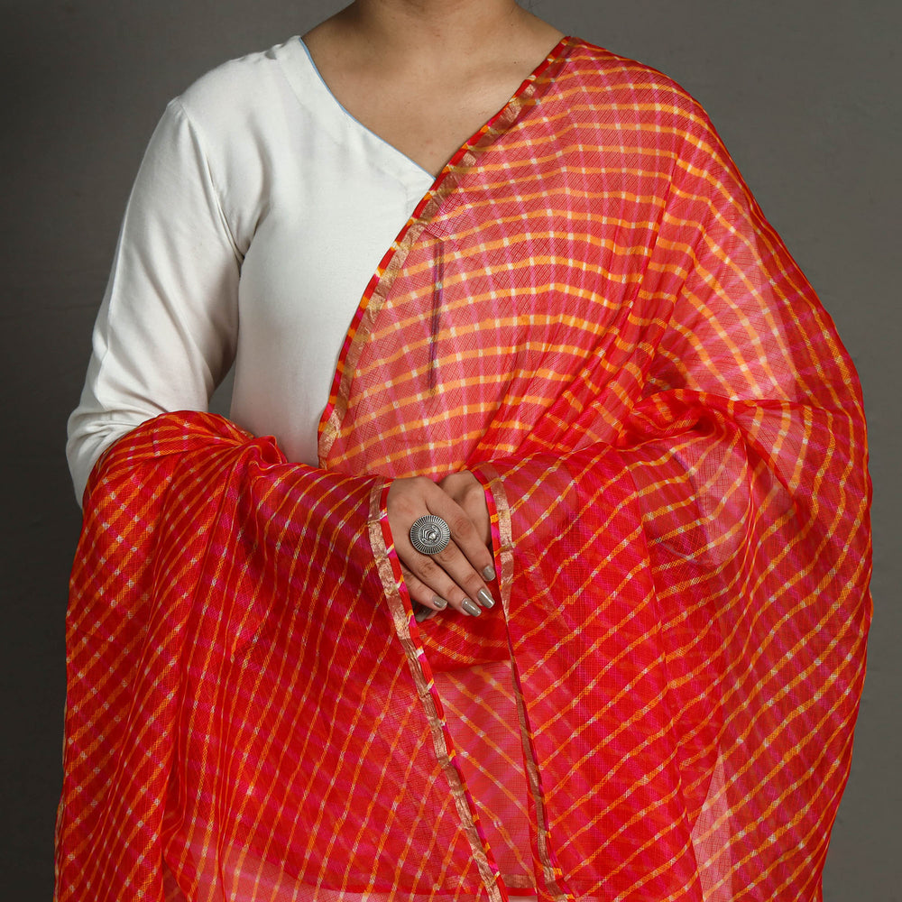 Orange - Leheriya Tie-Dye Mothra Kota Doria Silk Dupatta with Tassels 13