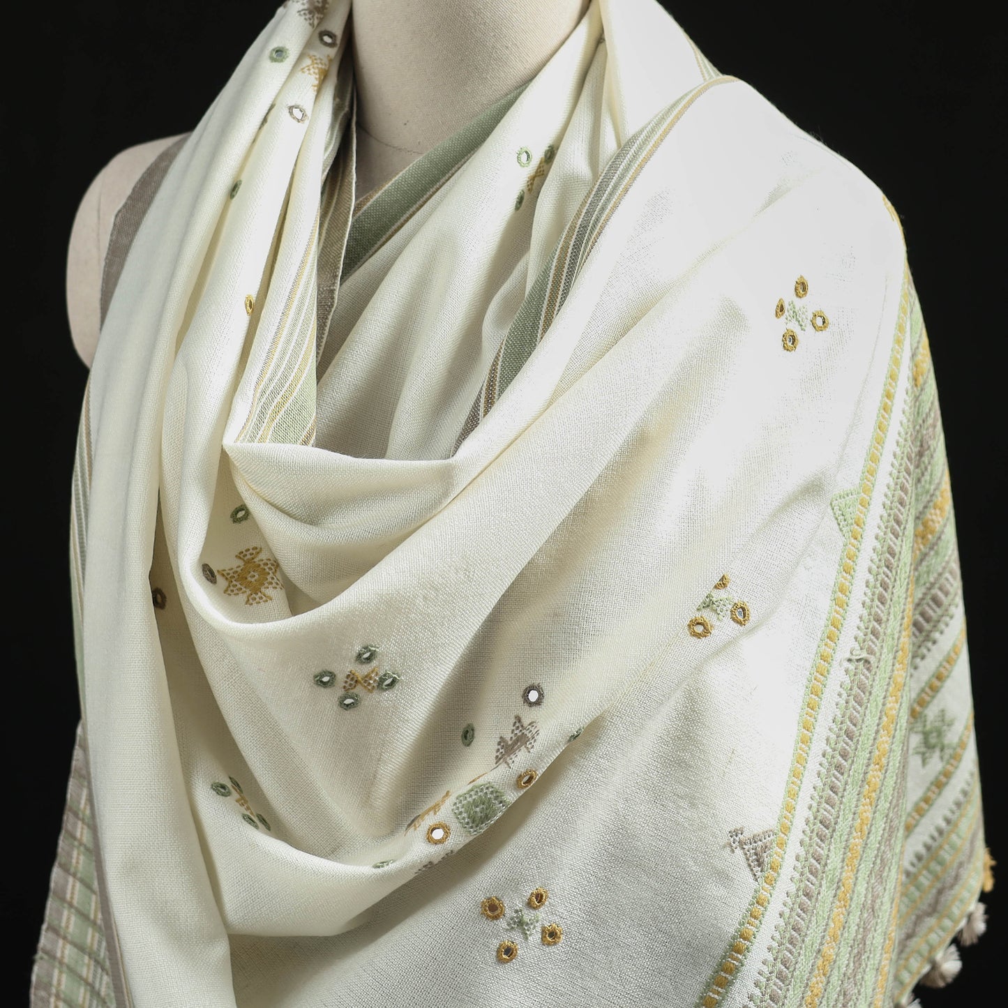 Kutch Handwoven Mirror Work Chomuk Buta Acrylic Wool Shawl 16