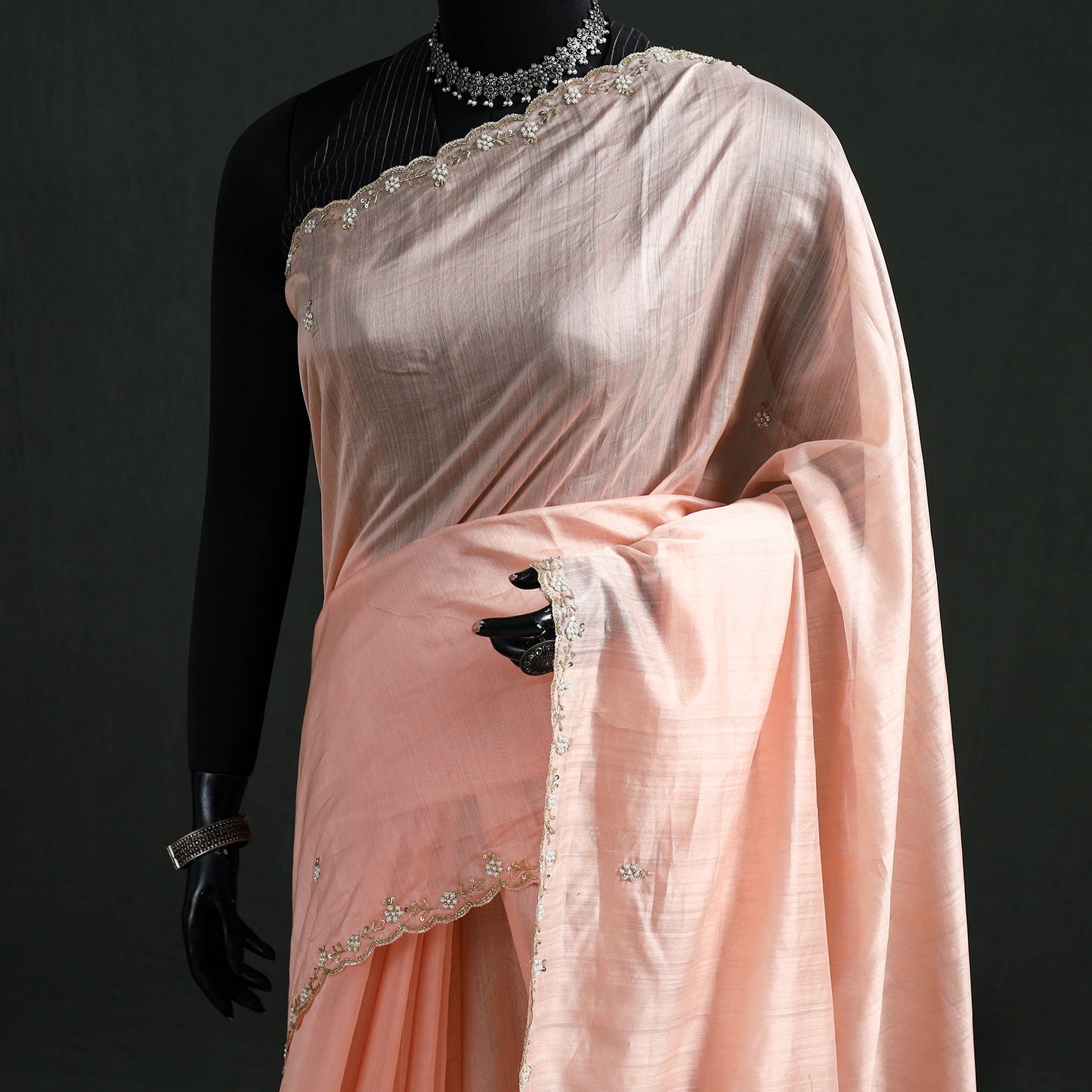 Pure Handloom Zari Pallu Bead Work Chanderi Silk Saree 17