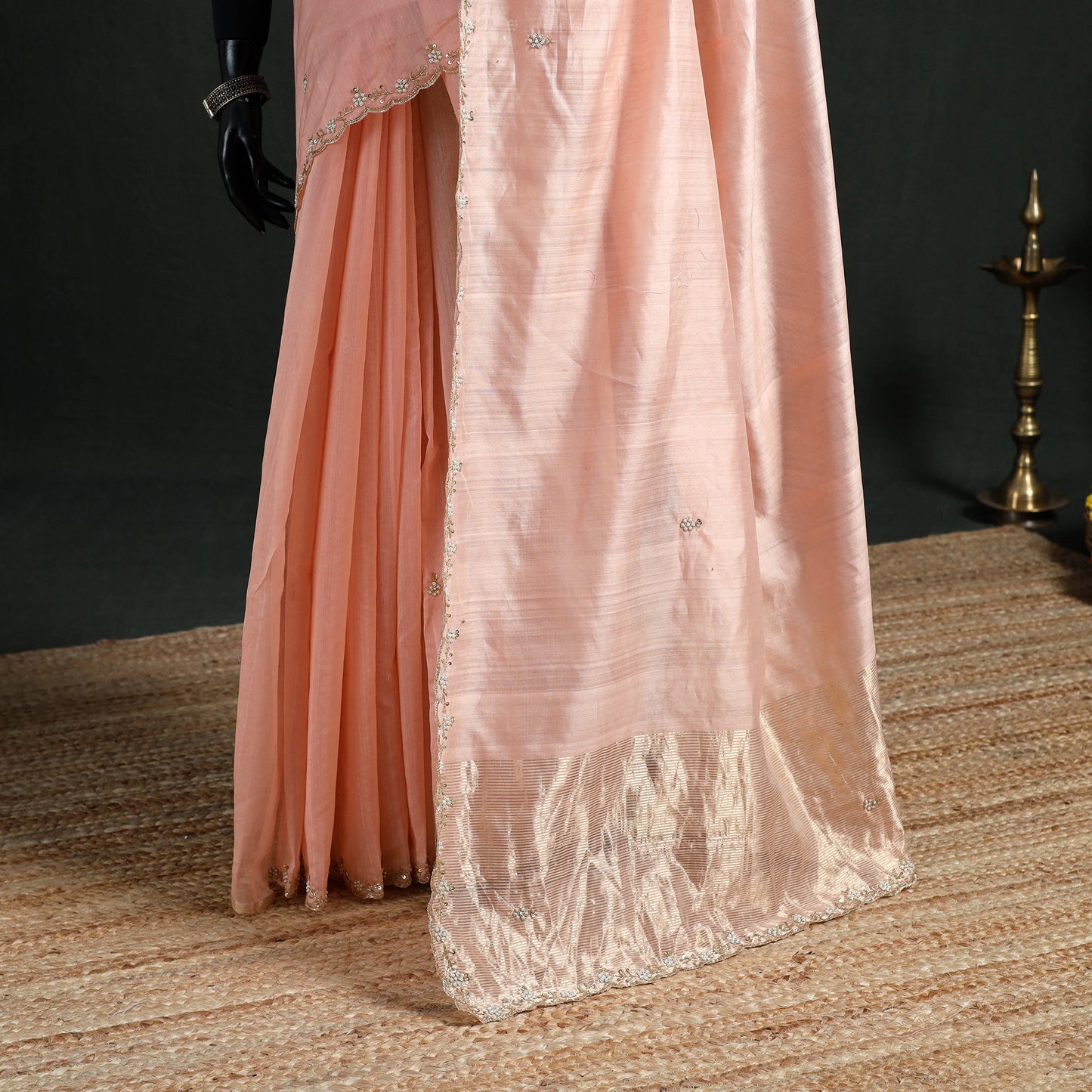 Pure Handloom Zari Pallu Bead Work Chanderi Silk Saree 17