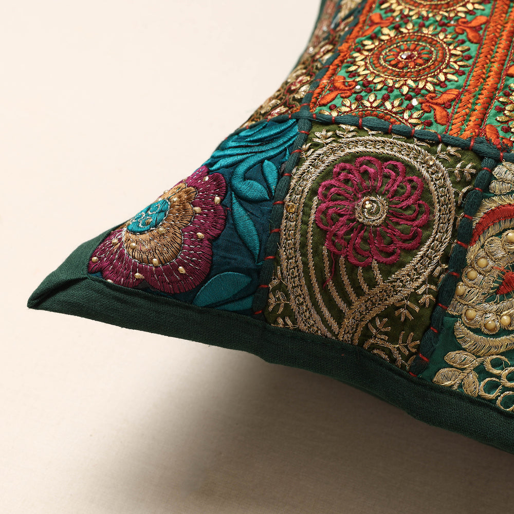 Green - Khambadiya Patchwork Cotton Cushion Cover (16 x 16 in)