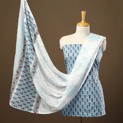 Buy Blue 3pc Sanganeri Block Print Cotton Dress Material