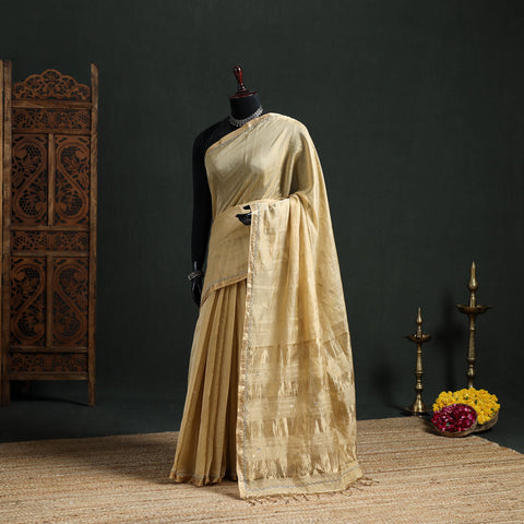 Pure Handloom Tissue Zari Buti Bead Work Katan Silk Chanderi Saree 08