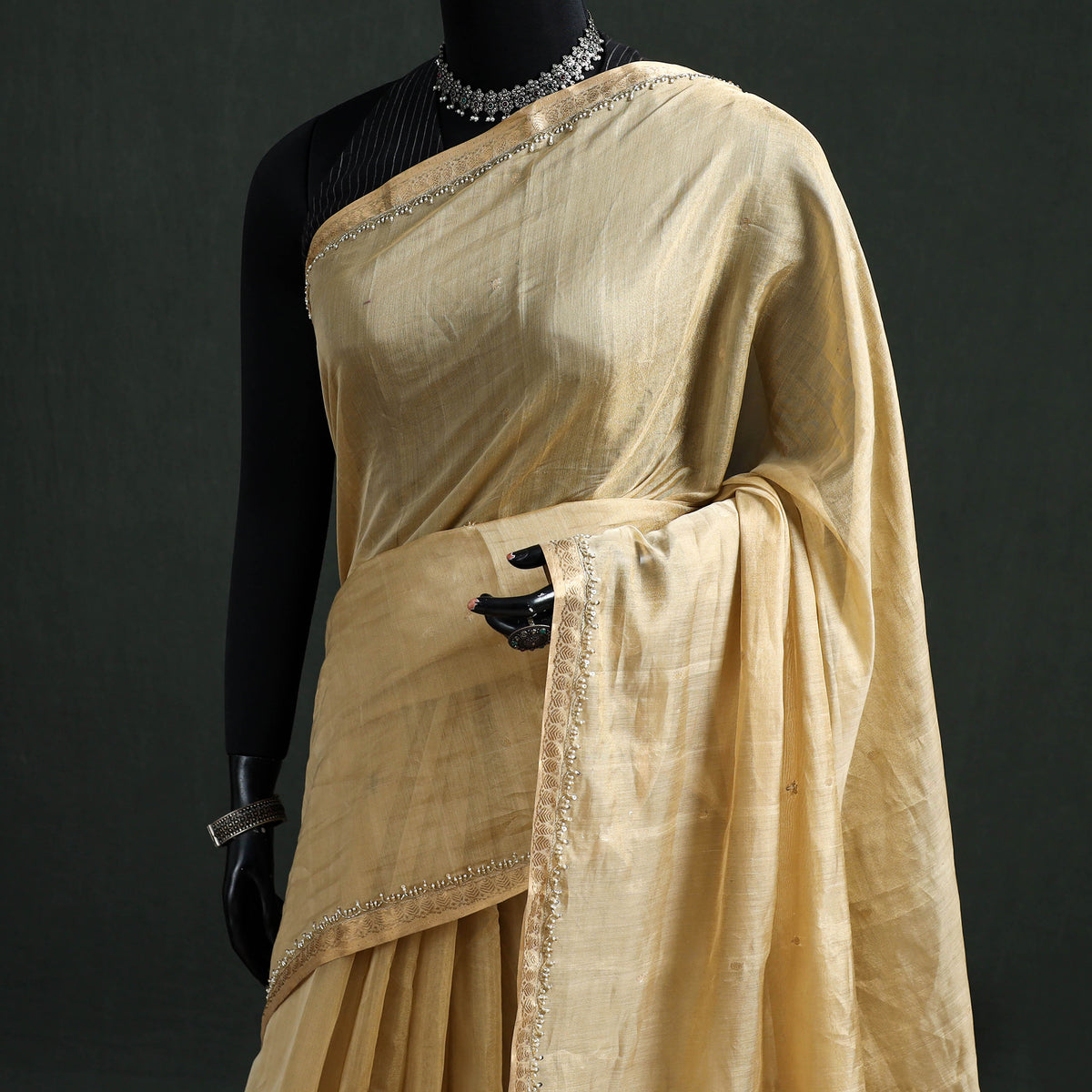 Pure Handloom Tissue Zari Buti Bead Work Katan Silk Chanderi Saree 08