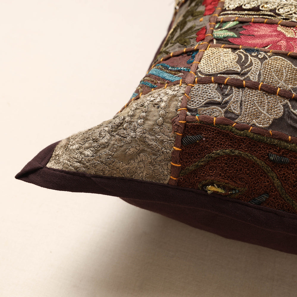 Brown - Khambadiya Patchwork Cotton Cushion Cover (16 x 16 in)