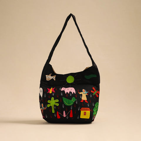 Black - Pipli Applique Work Shoulder Bag 04