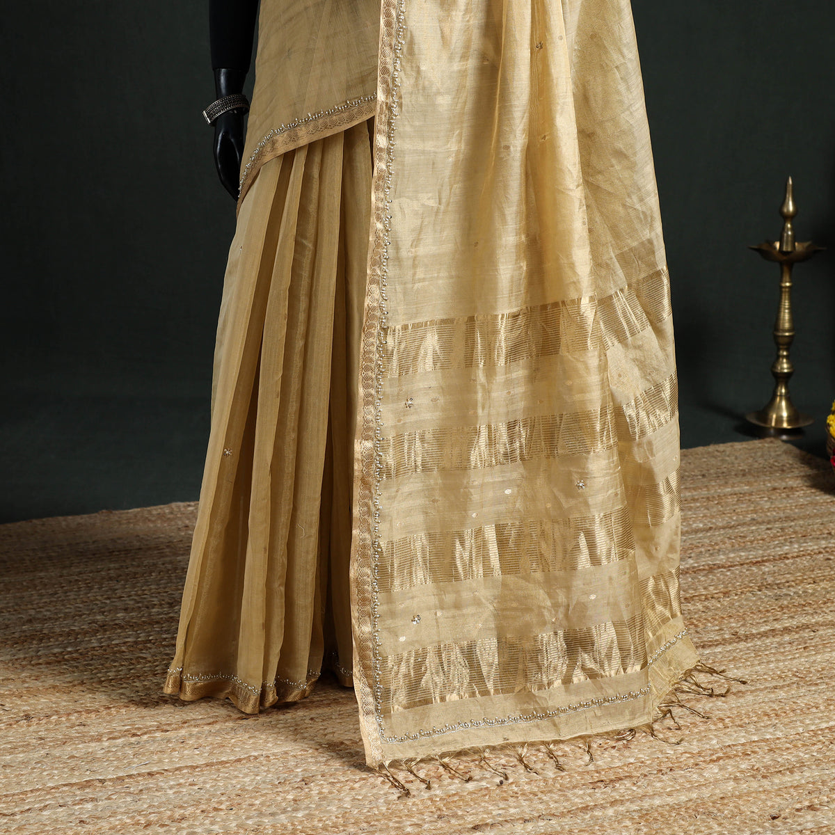 Pure Handloom Tissue Zari Buti Bead Work Katan Silk Chanderi Saree 08