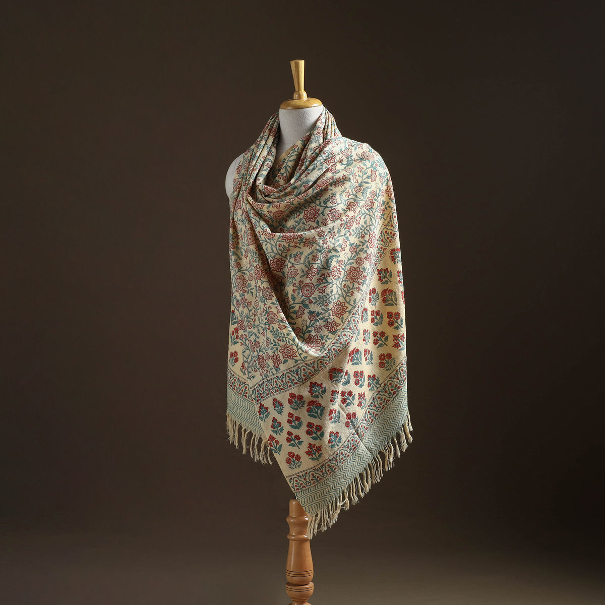 Floral Sanganeri Print Pure Merino Wool Handwoven Shawl 08