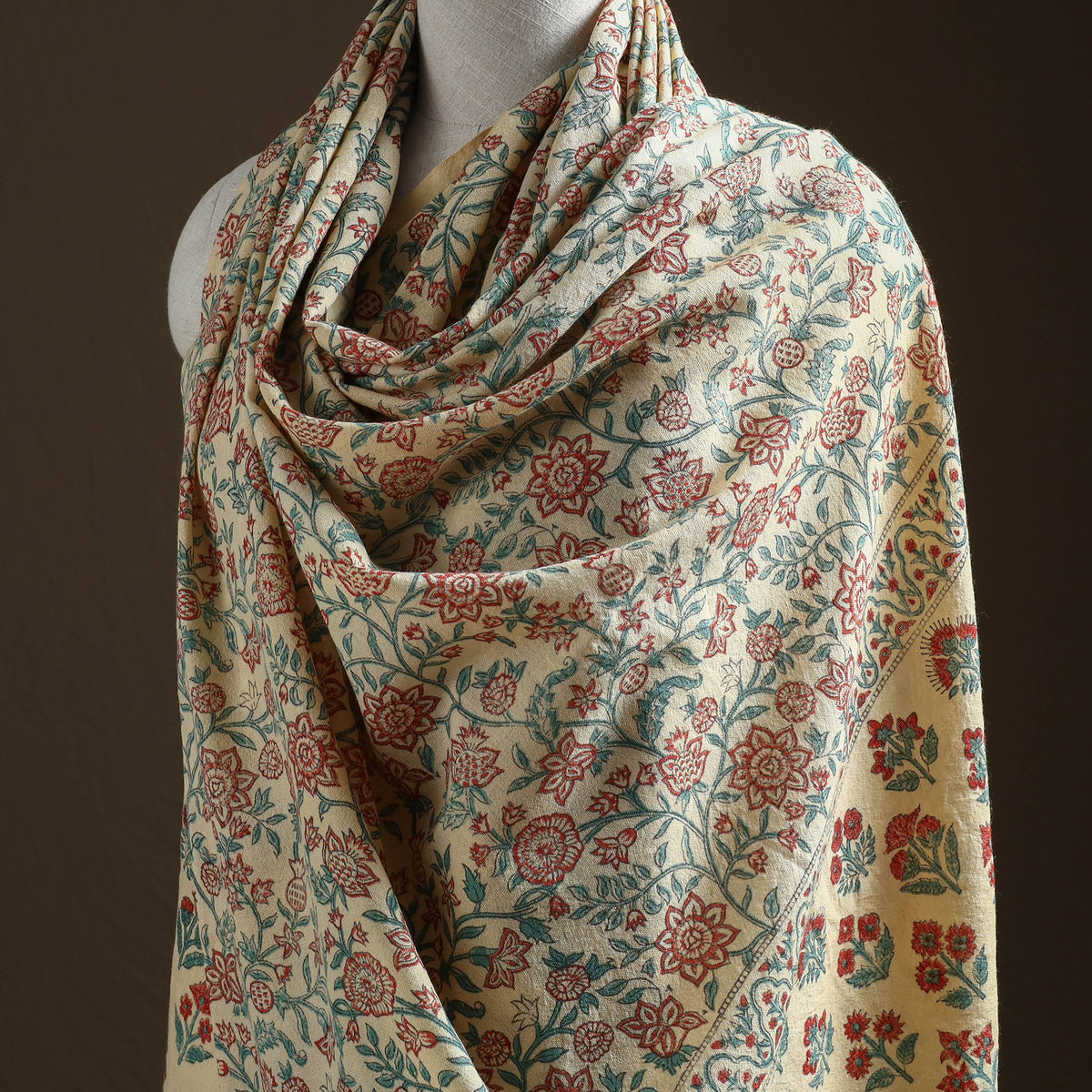 Floral Sanganeri Print Pure Merino Wool Handwoven Shawl 08