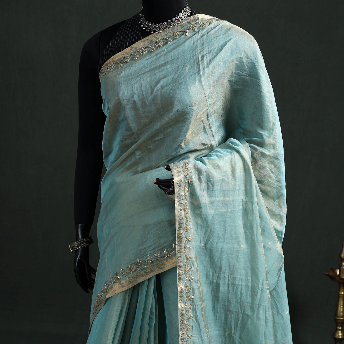 Pure Handloom Tissue Zari Buti Bead Work Katan Silk Chanderi Saree 09