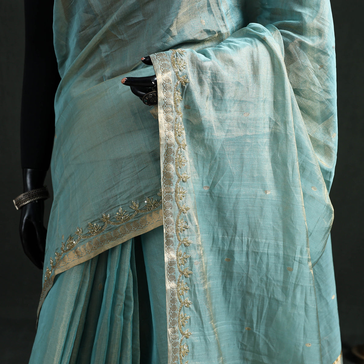 Pure Handloom Tissue Zari Buti Bead Work Katan Silk Chanderi Saree 09