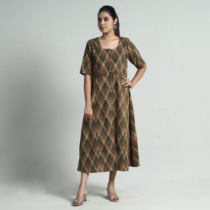 Brown - Pochampally Double Ikat Weave Cotton Dress
