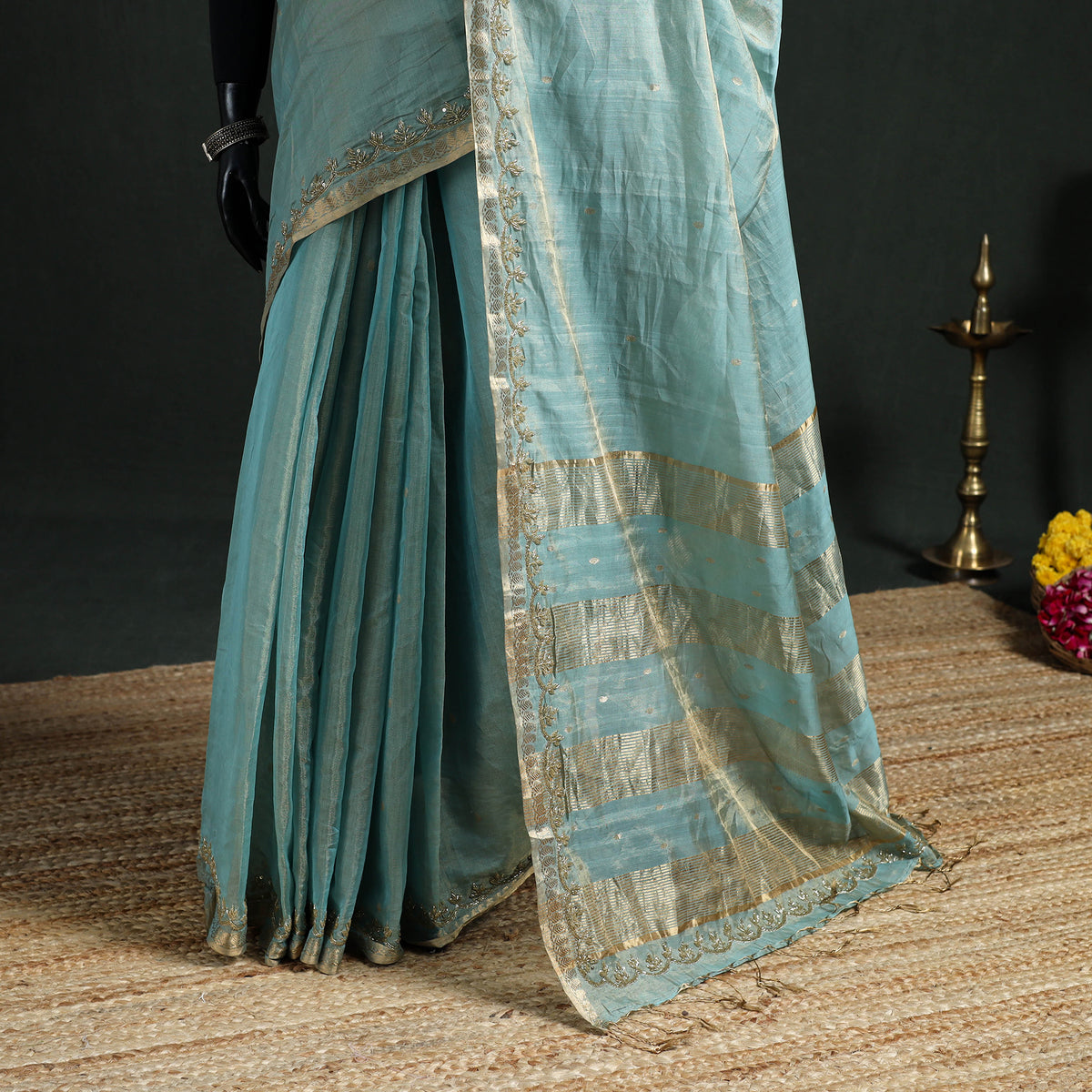 Pure Handloom Tissue Zari Buti Bead Work Katan Silk Chanderi Saree 09