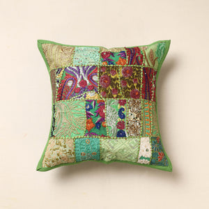Green - Khambadiya Patchwork Cotton Cushion Cover (16 x 16 in)