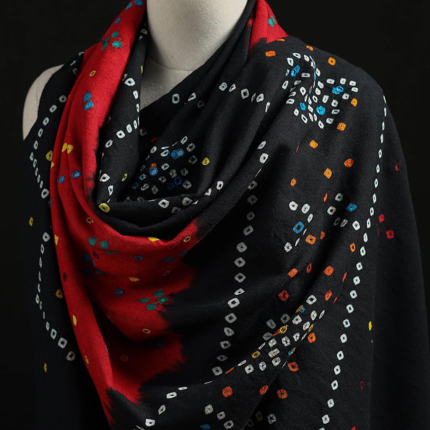 Kutch Handwoven Mirror Work Bandhani Tie-Dye Bagida Merino Wool Shawl 19