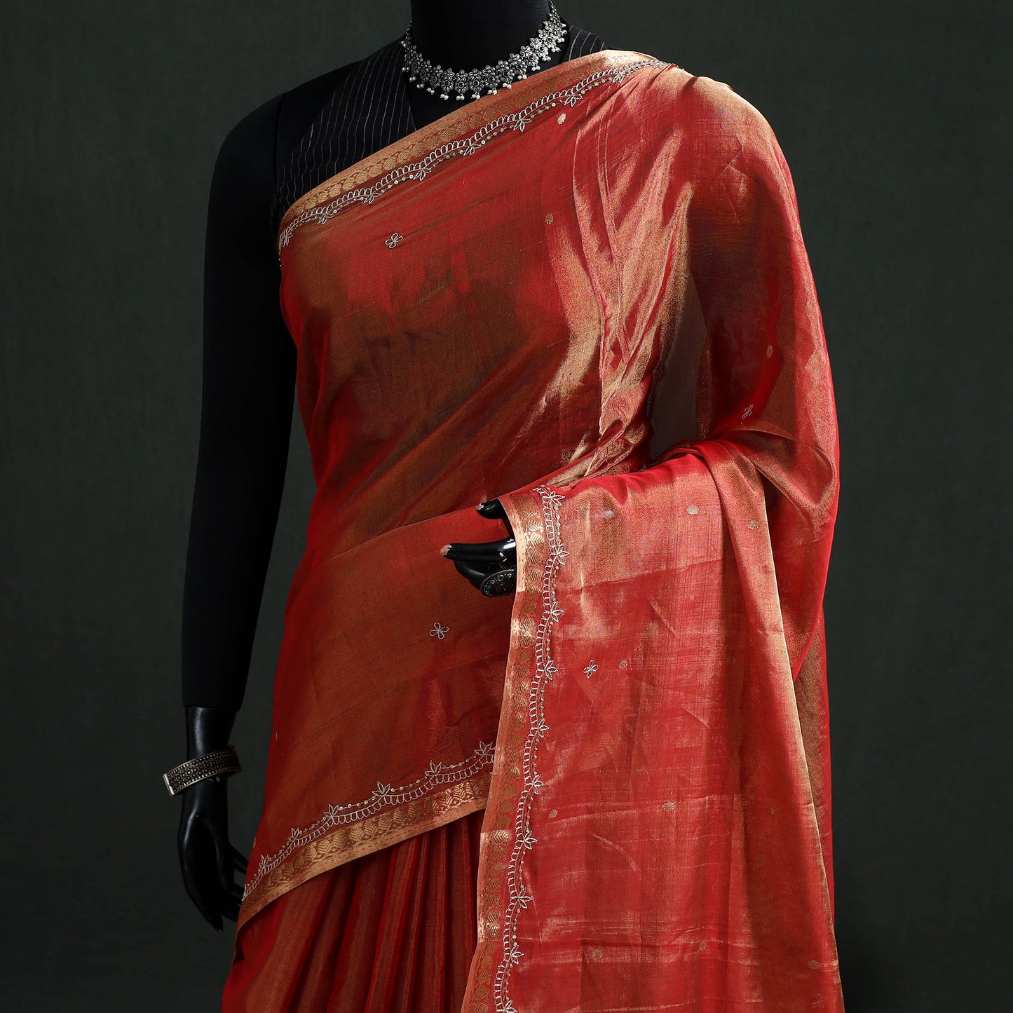 Pure Handloom Tissue Zari Buti Bead Work Katan Silk Chanderi Saree 10