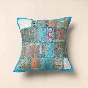 Blue - Khambadiya Patchwork Cotton Cushion Cover (16 x 16 in)