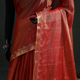 Pure Handloom Tissue Zari Buti Bead Work Katan Silk Chanderi Saree 10