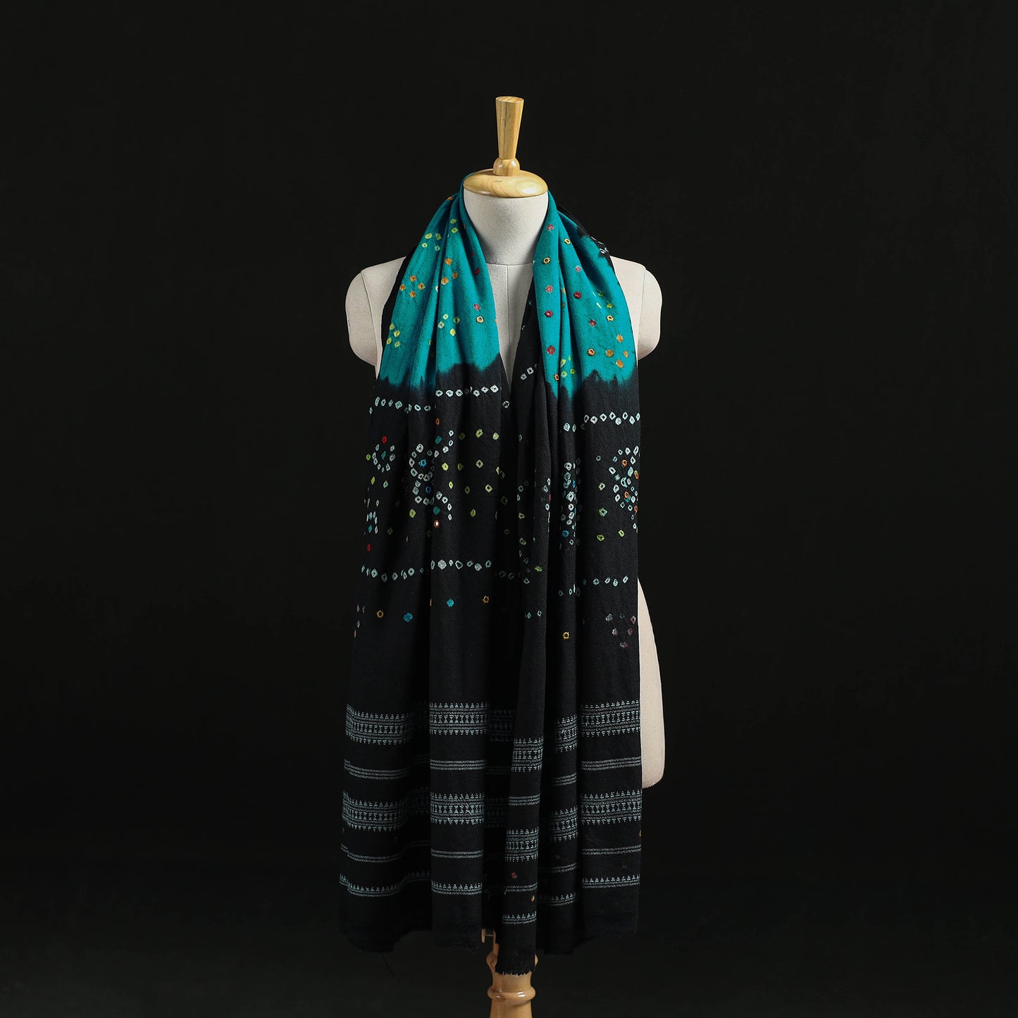 Kutch Handwoven Mirror Work Bandhani Tie-Dye Bagida Merino Wool Shawl 20