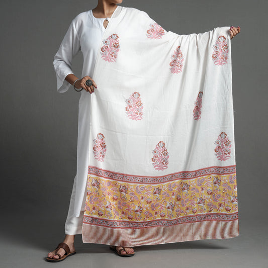 White - Sanganeri Mughal Block Printed Soft Cotton Dupatta