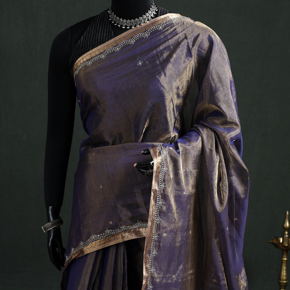 Pure Handloom Tissue Zari Buti Bead Work Katan Silk Chanderi Saree 11