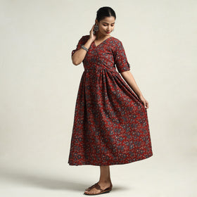 Red - Ajrakh Hand Block Printed Cotton Flared Gher Dress