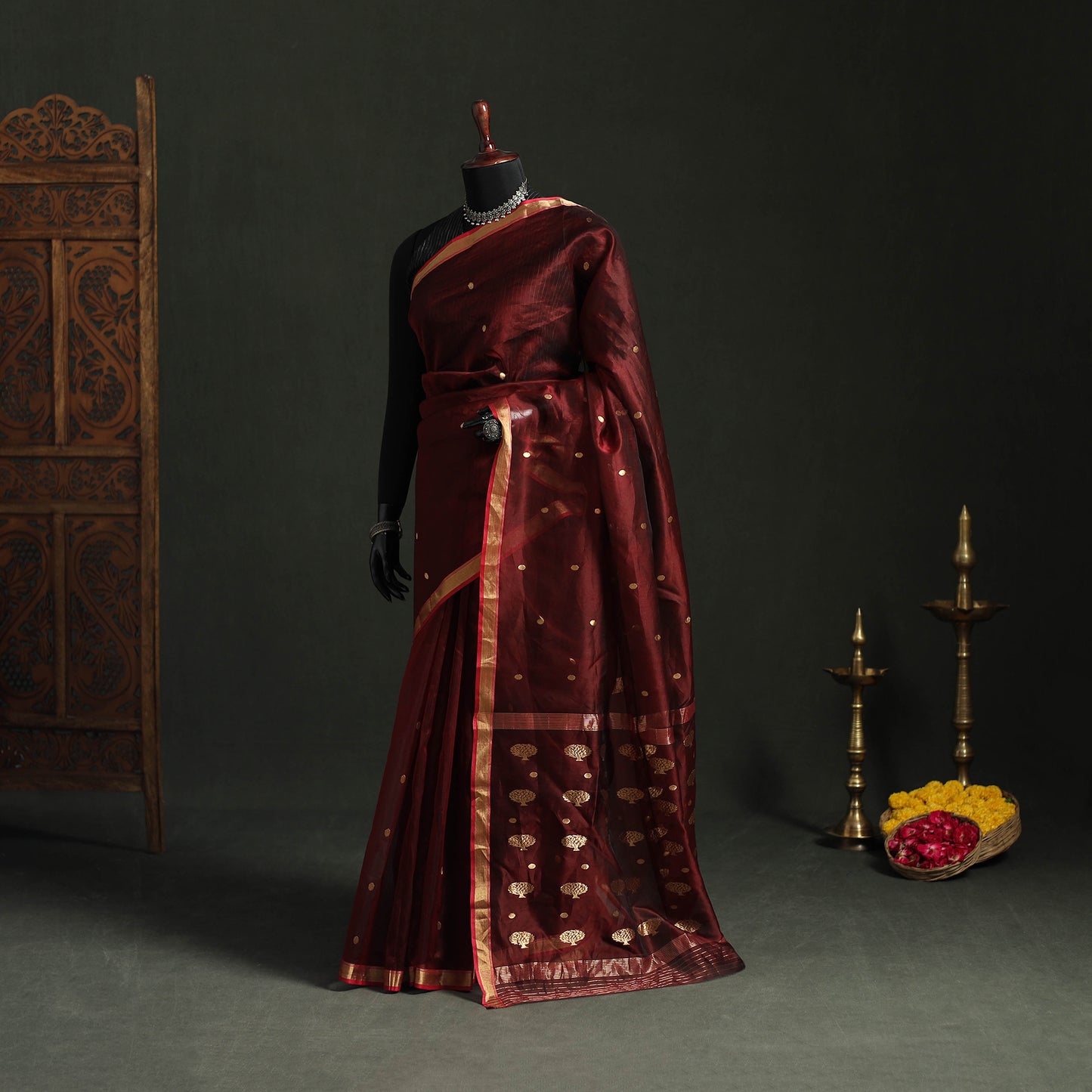 Pure Handloom Zari Buta Katan Silk Chanderi Saree 02