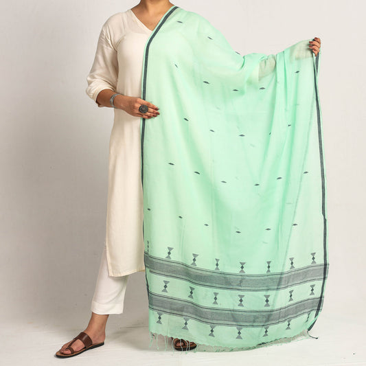 Green - Bengal Jamdani Buti Handloom Cotton Dupatta with Tassels