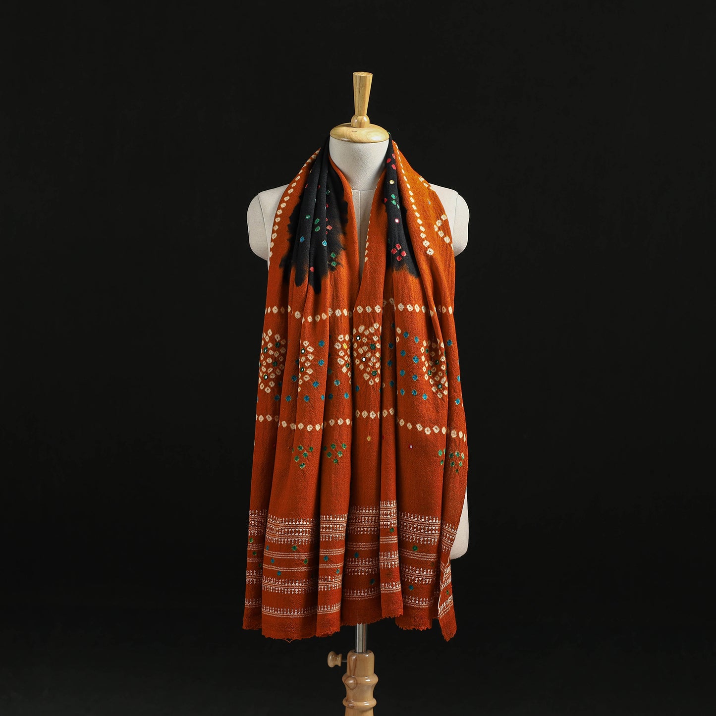 Kutch Handwoven Mirror Work Bandhani Tie-Dye Bagida Merino Wool Shawl 21
