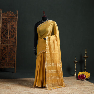 Pure Handloom Tissue Zari Buti Bead Work Katan Silk Chanderi Saree 12