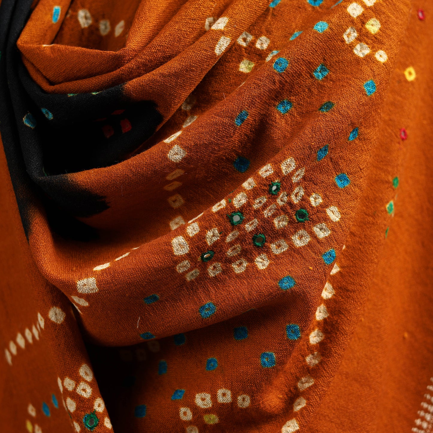Kutch Handwoven Mirror Work Bandhani Tie-Dye Bagida Merino Wool Shawl 21