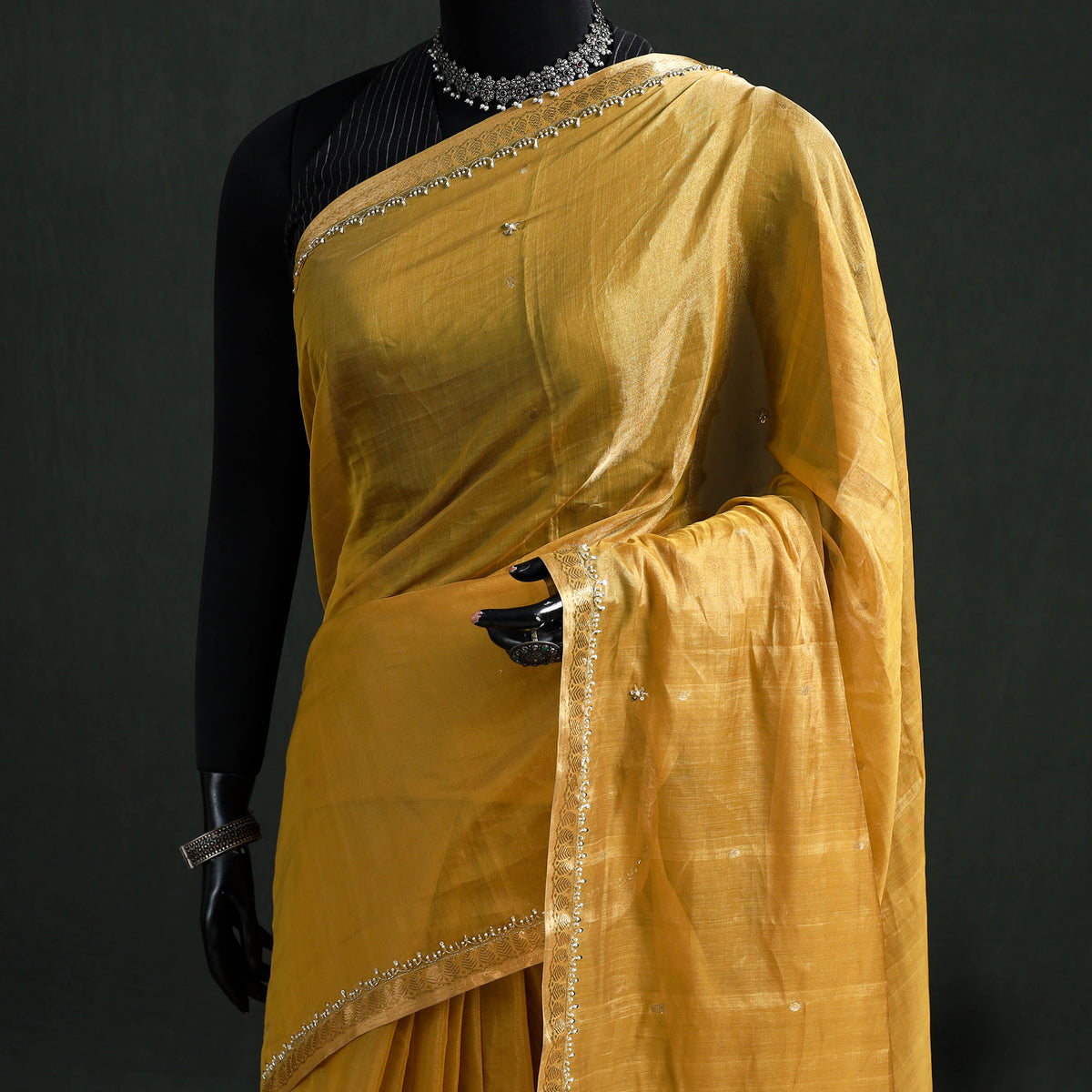 Pure Handloom Tissue Zari Buti Bead Work Katan Silk Chanderi Saree 12