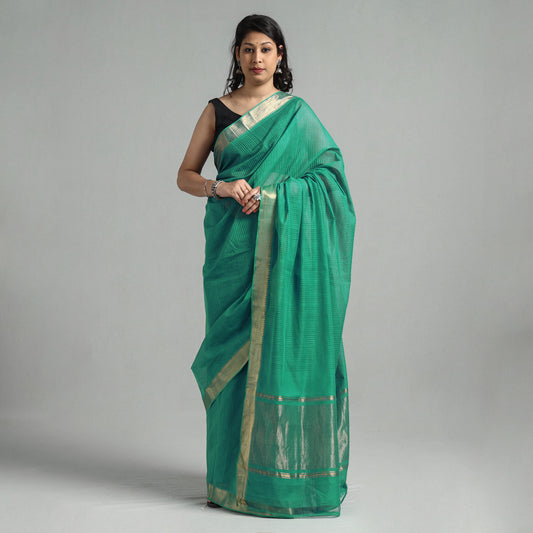 Green - Mangalagiri Cotton Handloom Saree with Pochampally Ikat Blouse Piece