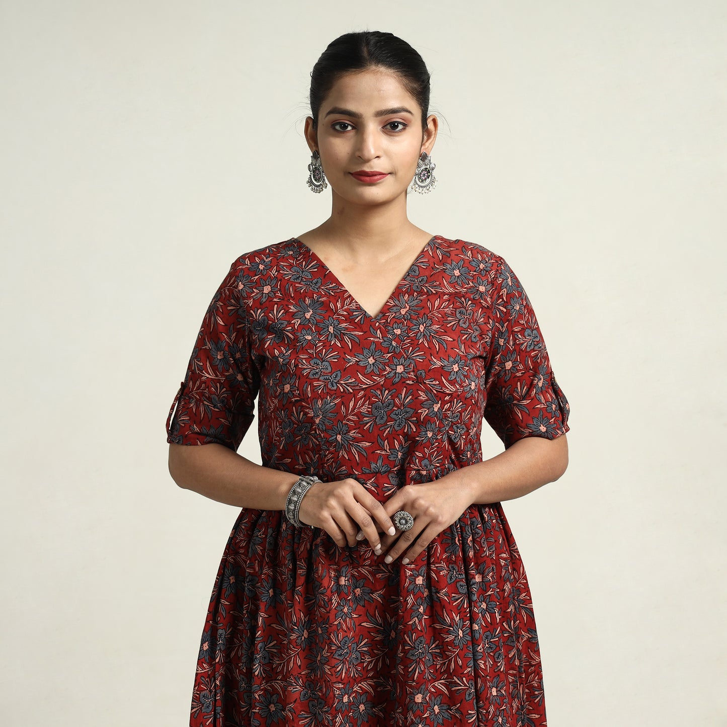 Red - Ajrakh Hand Block Printed Cotton Flared Gher Dress