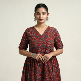 Red - Ajrakh Hand Block Printed Cotton Flared Gher Dress