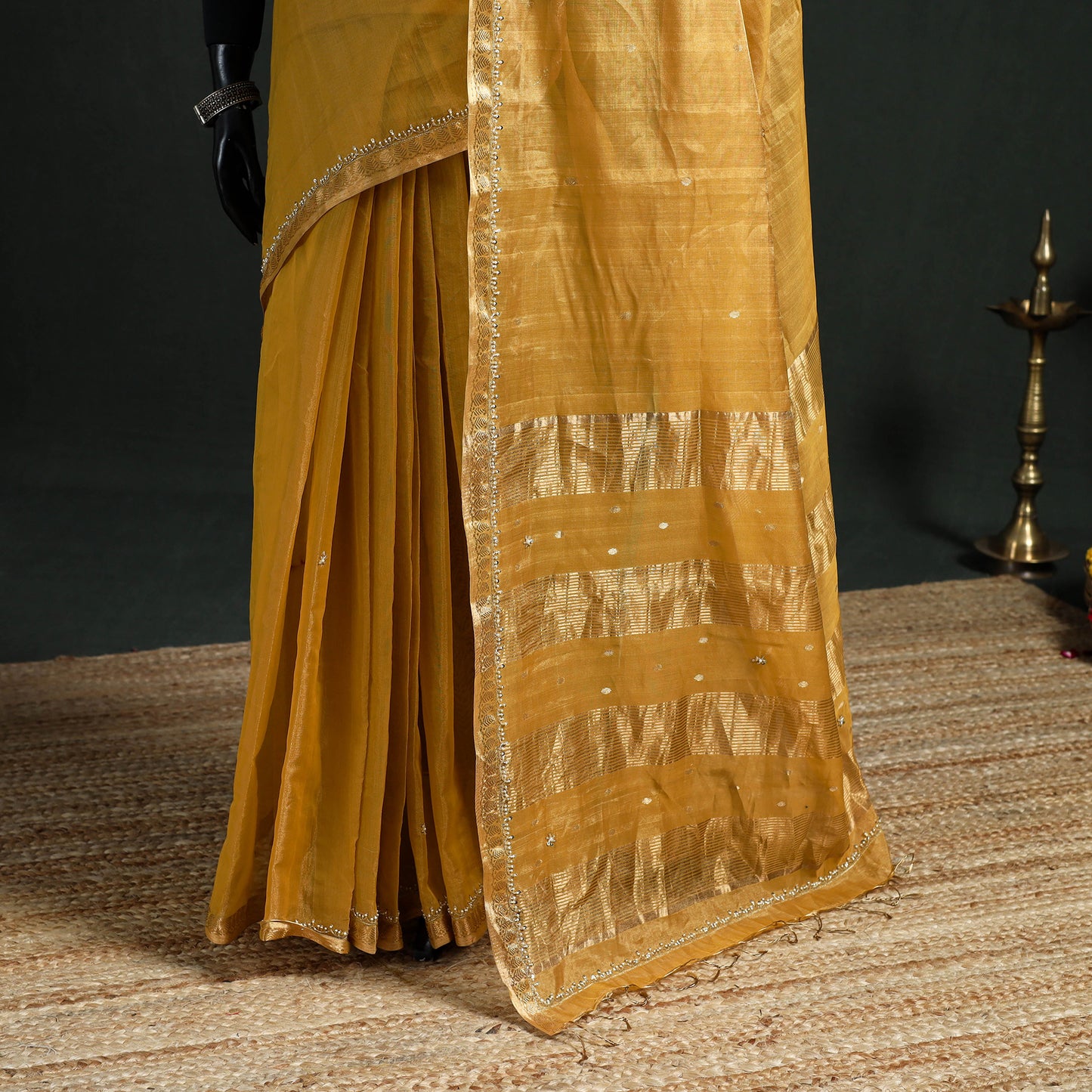 Pure Handloom Tissue Zari Buti Bead Work Katan Silk Chanderi Saree 12
