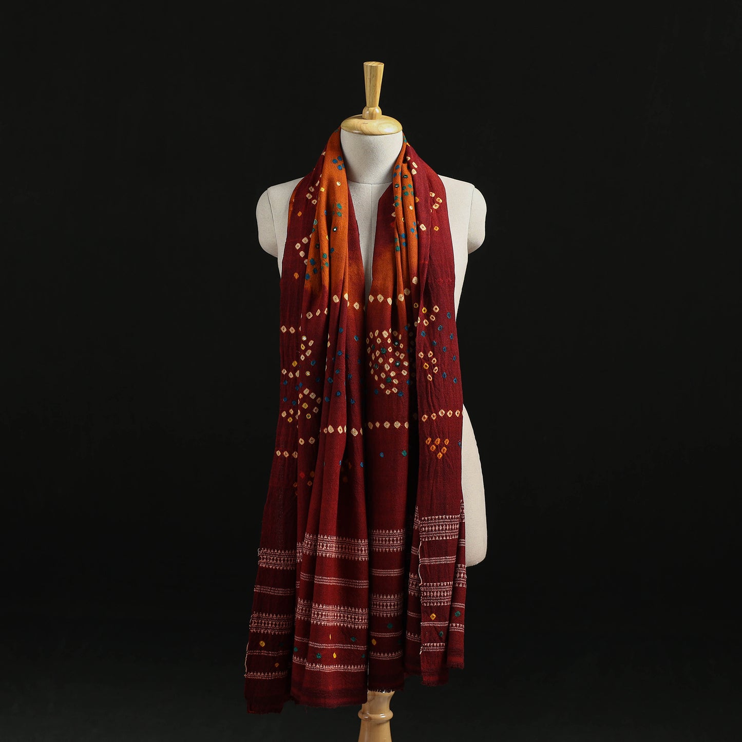 Kutch Handwoven Mirror Work Bandhani Tie-Dye Bagida Merino Wool Shawl 22