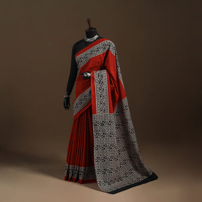 Red - mul cotton hand bagru saree 26 - handcrafted