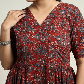 Red - Ajrakh Hand Block Printed Cotton Flared Gher Dress