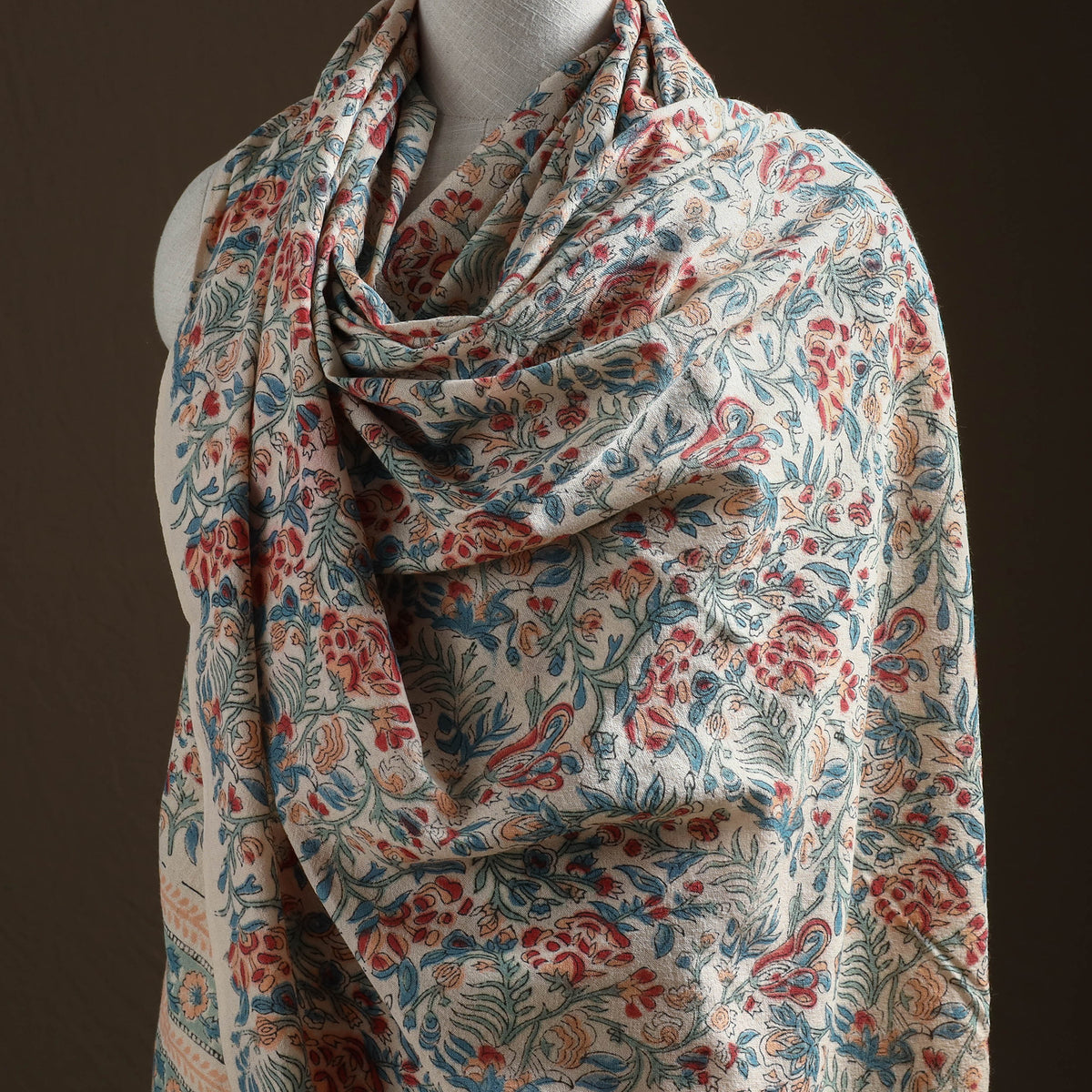 Floral Sanganeri Print Pure Merino Wool Handwoven Shawl 11