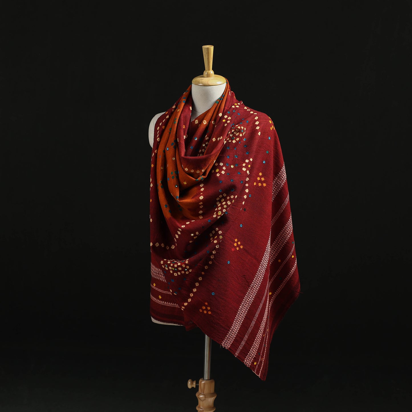Kutch Handwoven Mirror Work Bandhani Tie-Dye Bagida Merino Wool Shawl 22
