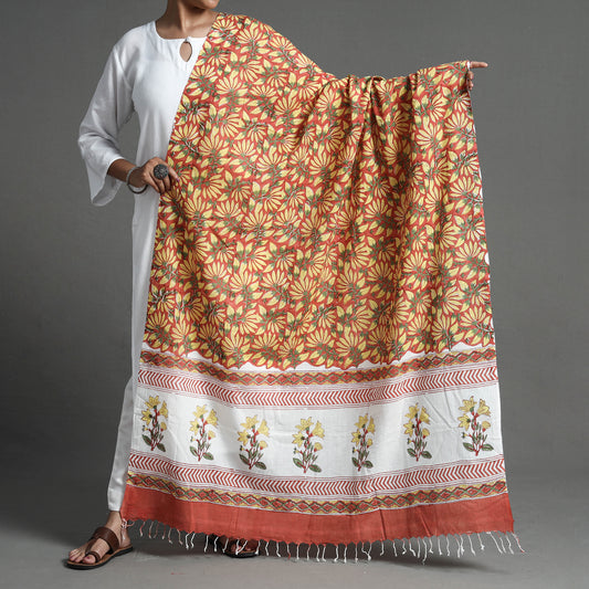 Multicolor - Sanganeri Block Printed Handloom Soft Cotton Dupatta with Tassels