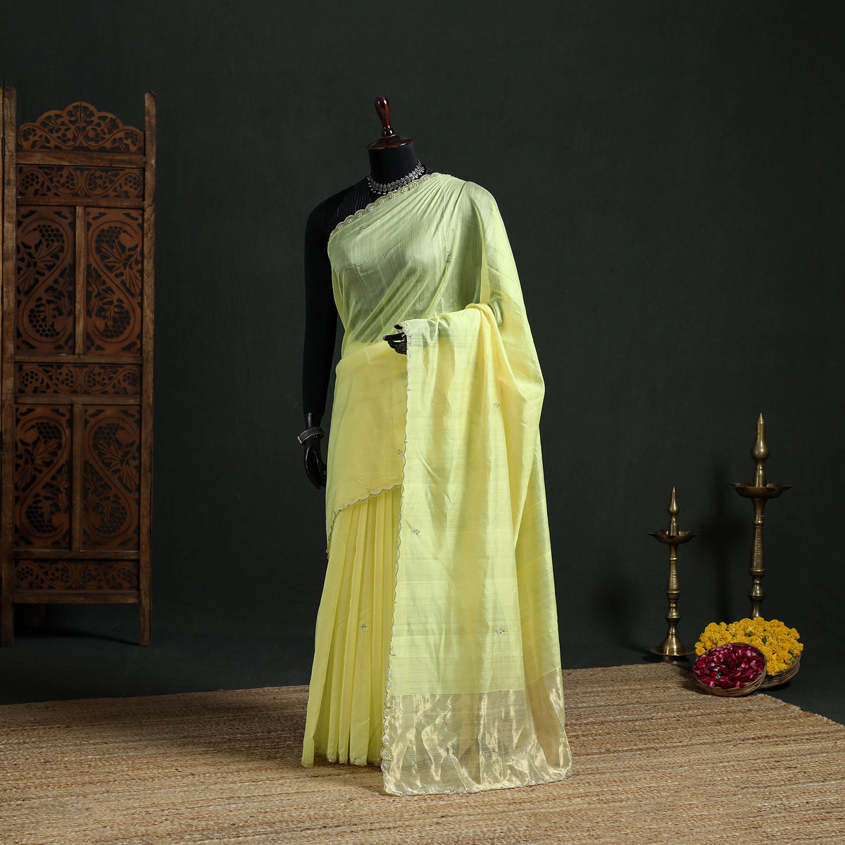 Pure Handloom Zari Pallu Bead Work Chanderi Silk Saree 13